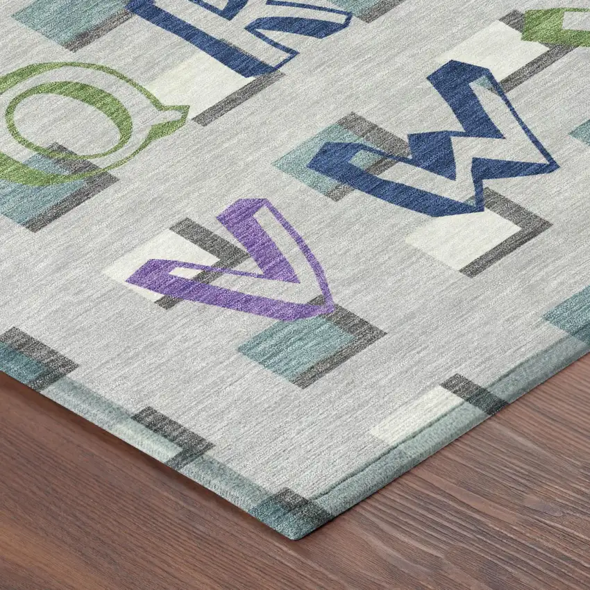 Silver And Gray Geometric Washable Indoor Outdoor Area Rug Photo 3