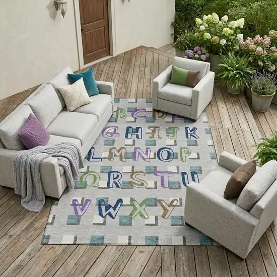 Silver And Gray Geometric Washable Indoor Outdoor Area Rug Photo 1
