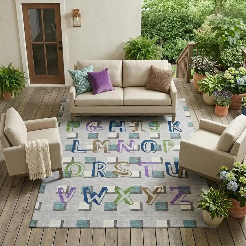 Silver And Gray Geometric Washable Indoor Outdoor Area Rug Photo 1