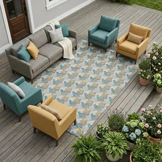 Silver And Gray Geometric Washable Indoor Outdoor Area Rug Photo 1