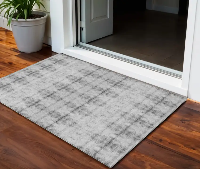Silver And Gray Geometric Washable Indoor Outdoor Area Rug Photo 1