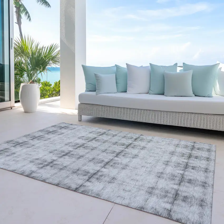 Silver And Gray Geometric Washable Indoor Outdoor Area Rug Photo 8