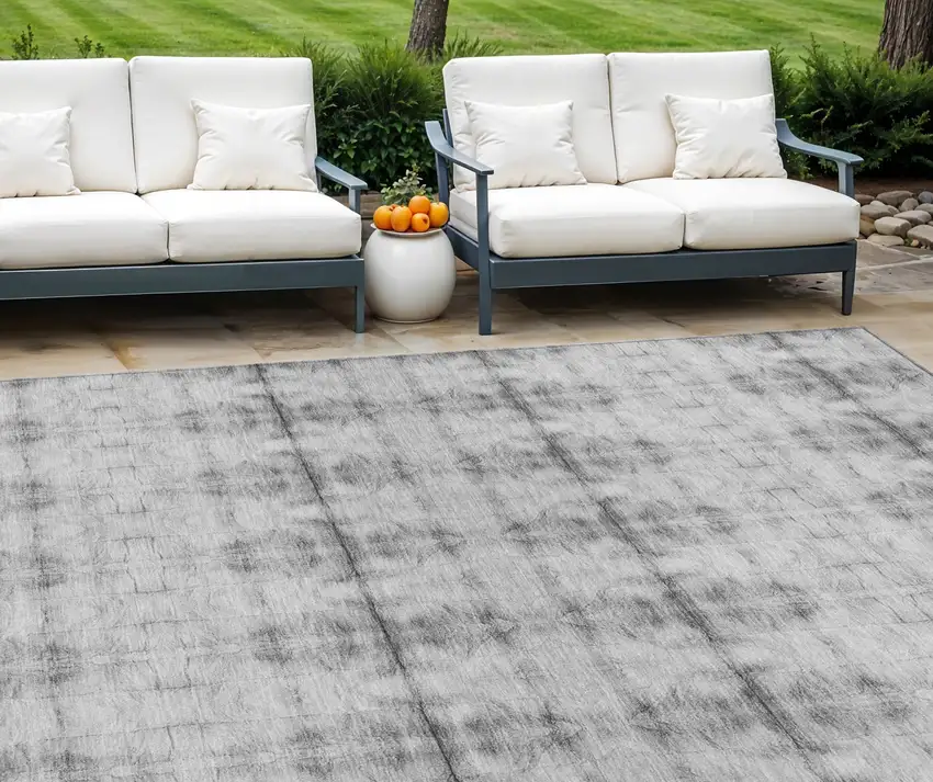 Silver And Gray Geometric Washable Indoor Outdoor Area Rug Photo 1