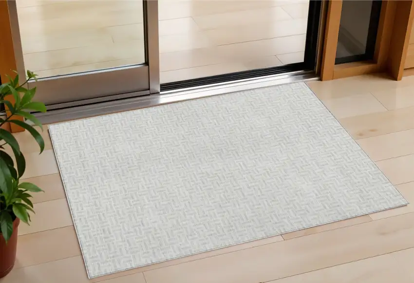 Silver And Gray Geometric Washable Indoor Outdoor Area Rug Photo 1