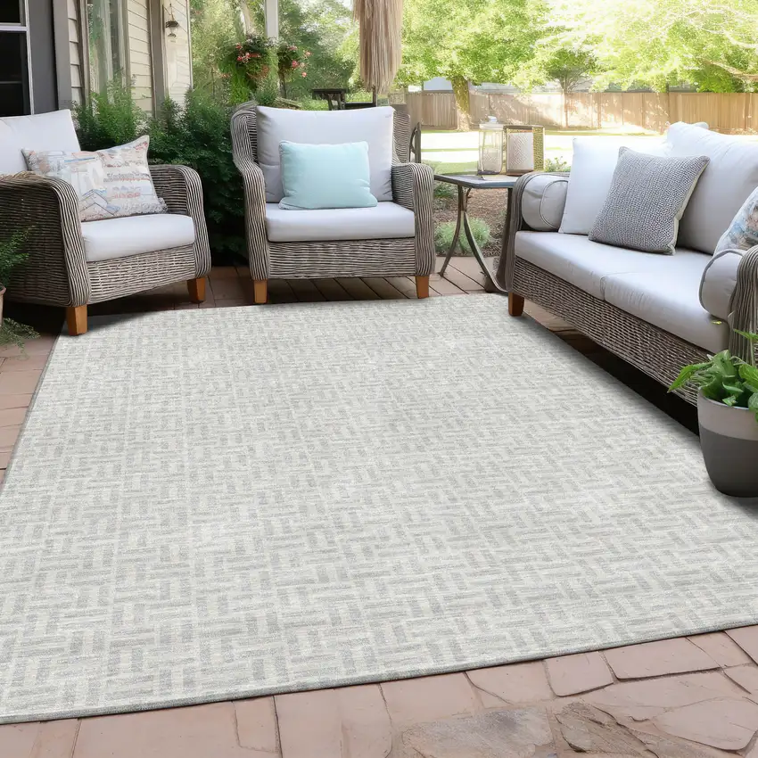 Silver And Gray Geometric Washable Indoor Outdoor Area Rug Photo 8
