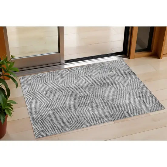 Silver And Gray Geometric Washable Indoor Outdoor Area Rug Photo 1