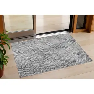 Photo of Silver And Gray Geometric Washable Indoor Outdoor Area Rug