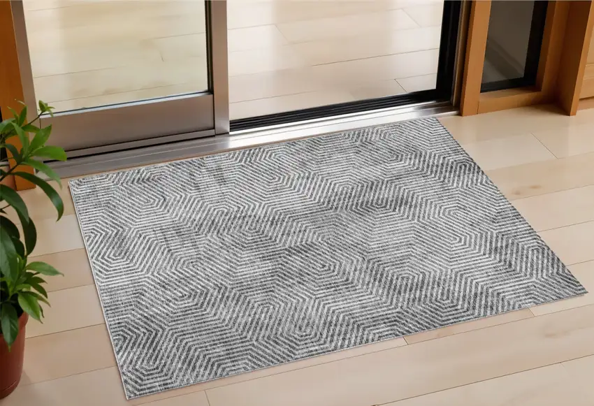 Silver And Gray Geometric Washable Indoor Outdoor Area Rug Photo 1