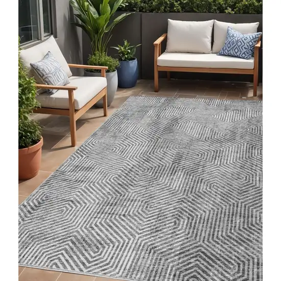 Silver And Gray Geometric Washable Indoor Outdoor Area Rug Photo 1