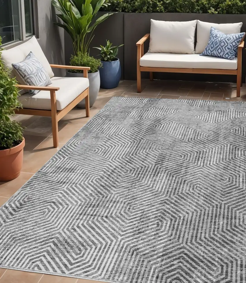 Silver And Gray Geometric Washable Indoor Outdoor Area Rug Photo 1