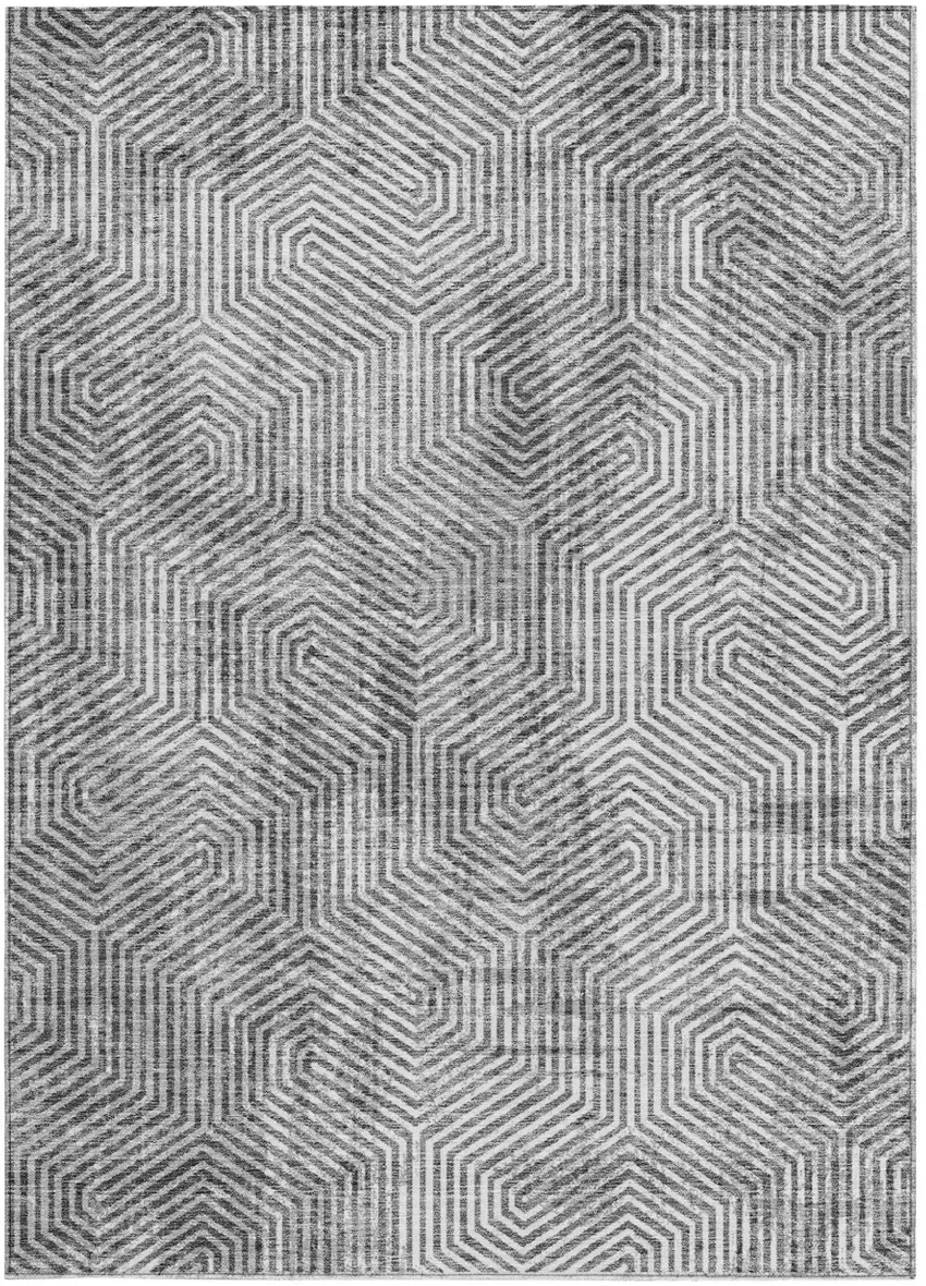 Silver And Gray Geometric Washable Indoor Outdoor Area Rug Photo 7