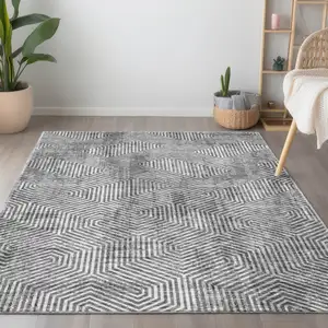 Photo of Silver And Gray Geometric Washable Indoor Outdoor Area Rug
