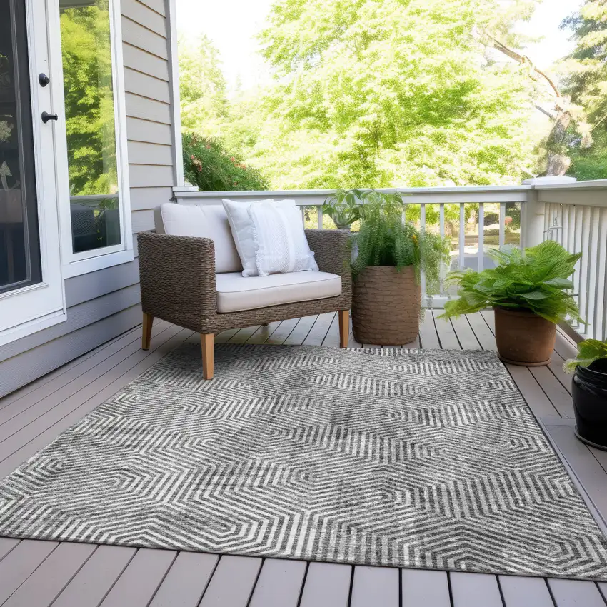 Silver And Gray Geometric Washable Indoor Outdoor Area Rug Photo 8