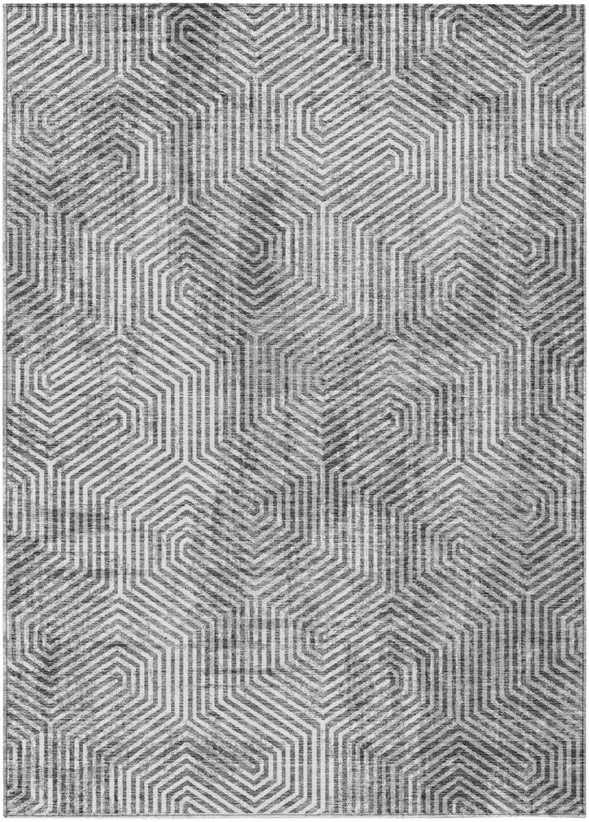 Silver And Gray Geometric Washable Indoor Outdoor Area Rug Photo 2
