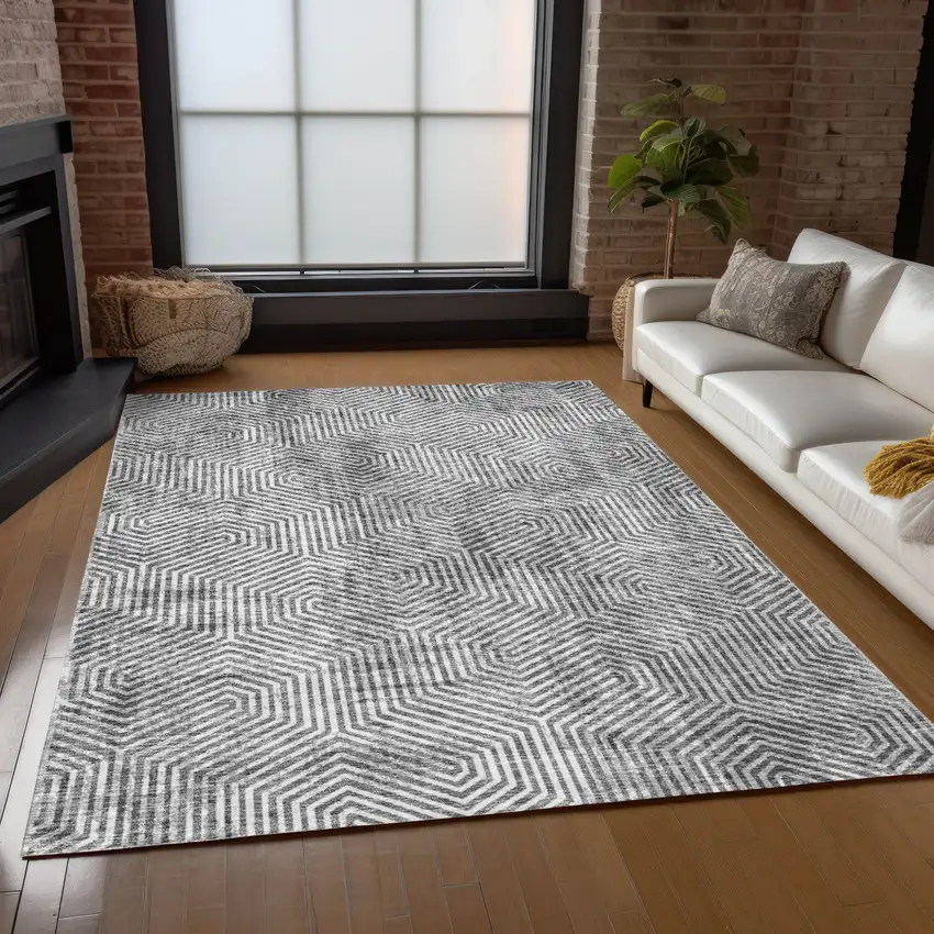 Silver And Gray Geometric Washable Indoor Outdoor Area Rug Photo 9