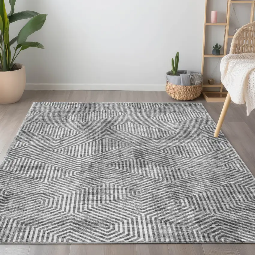 Silver And Gray Geometric Washable Indoor Outdoor Area Rug Photo 9