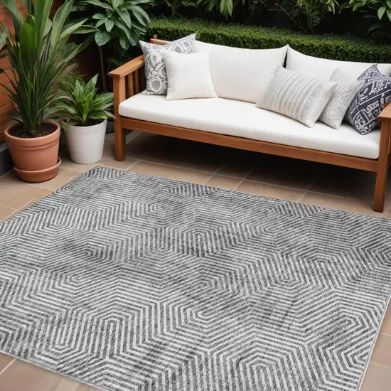 Silver And Gray Geometric Washable Indoor Outdoor Area Rug Photo 1
