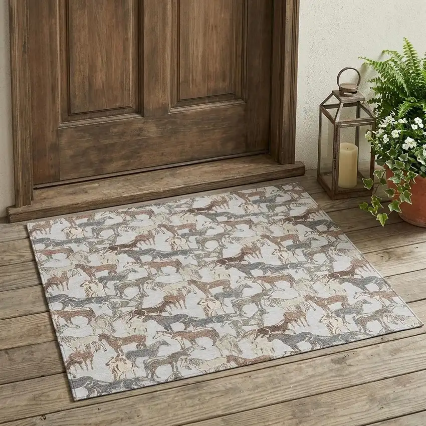 Silver And Gray Horse Washable Indoor Outdoor Area Rug Photo 1