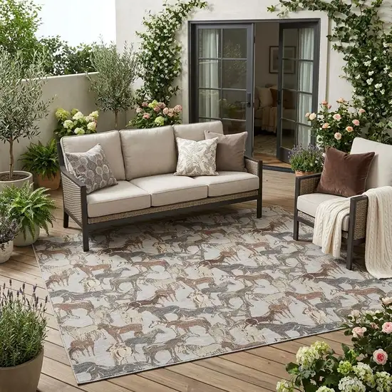 Silver And Gray Horse Washable Indoor Outdoor Area Rug Photo 1