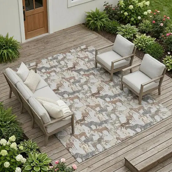 Silver And Gray Horse Washable Indoor Outdoor Area Rug Photo 1