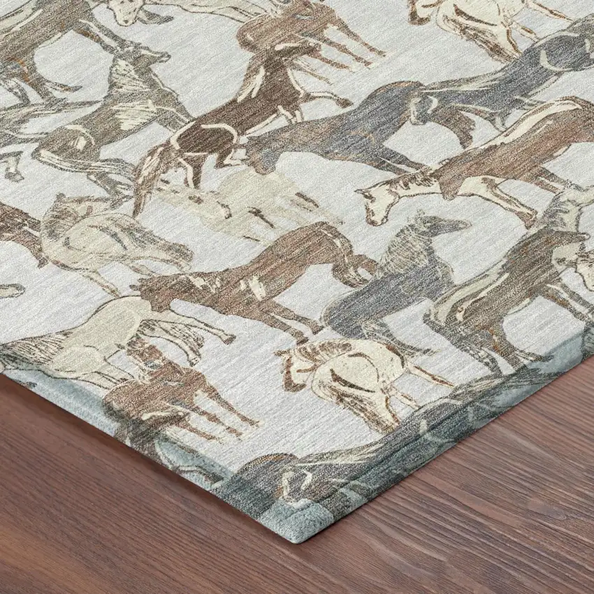 Silver And Gray Horse Washable Indoor Outdoor Area Rug Photo 5