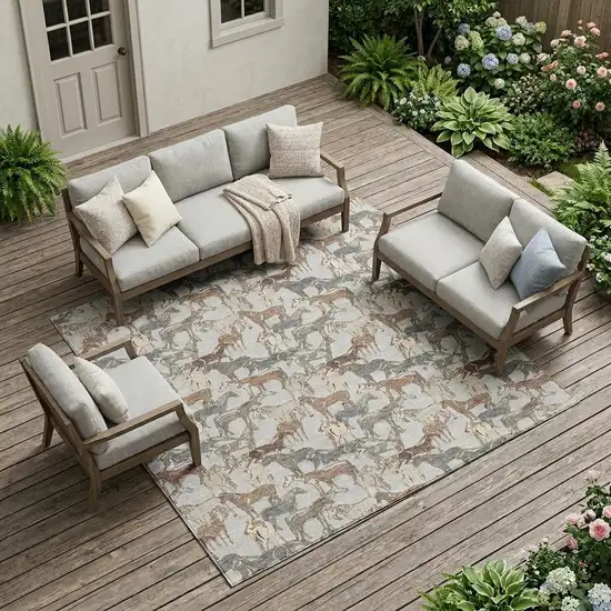 Silver And Gray Horse Washable Indoor Outdoor Area Rug Photo 1