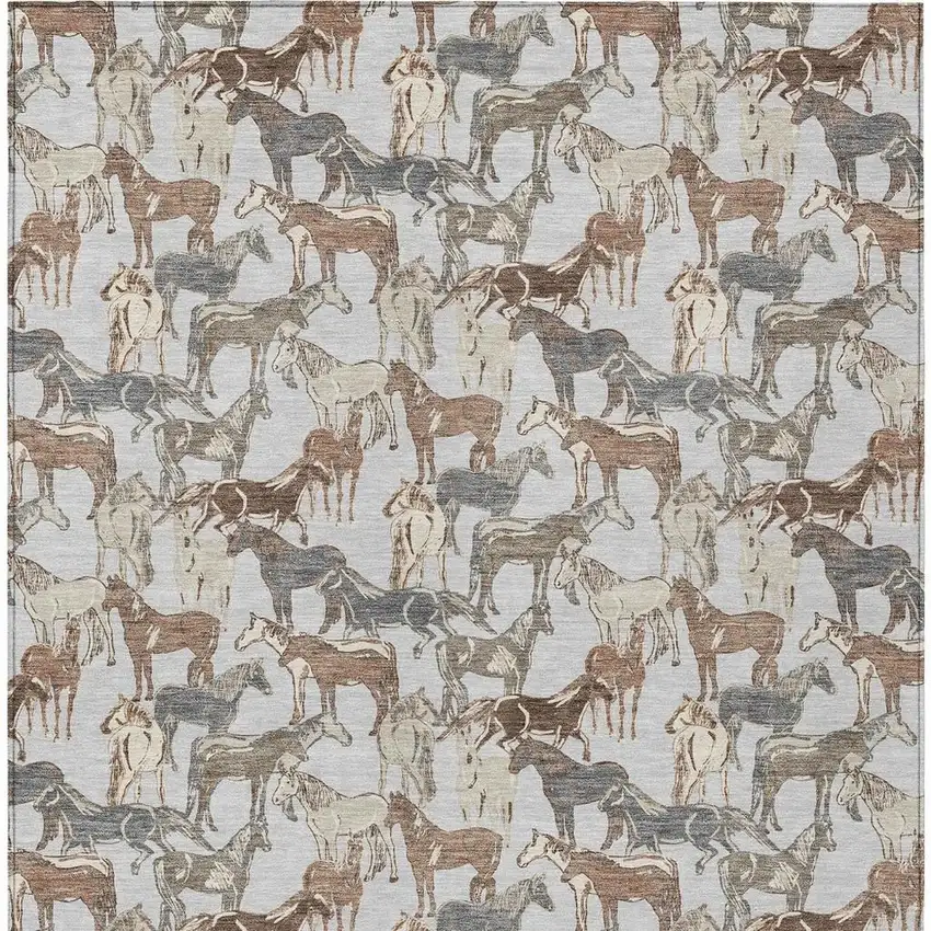 Silver And Gray Horse Washable Indoor Outdoor Area Rug Photo 4