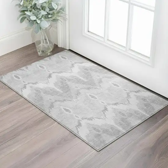 Silver And Gray Ikat Washable Area Rug With UV Protection Photo 2
