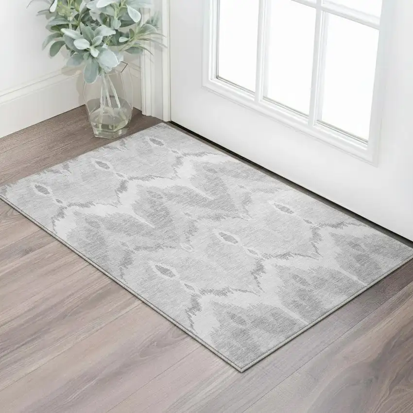 Silver And Gray Ikat Washable Area Rug With UV Protection Photo 2