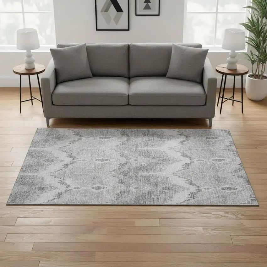 Silver And Gray Ikat Washable Area Rug With UV Protection Photo 2