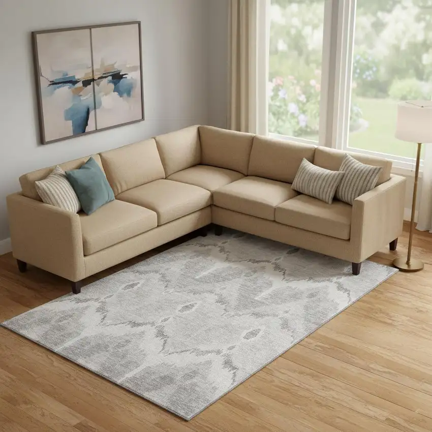 Silver And Gray Ikat Washable Area Rug With UV Protection Photo 1