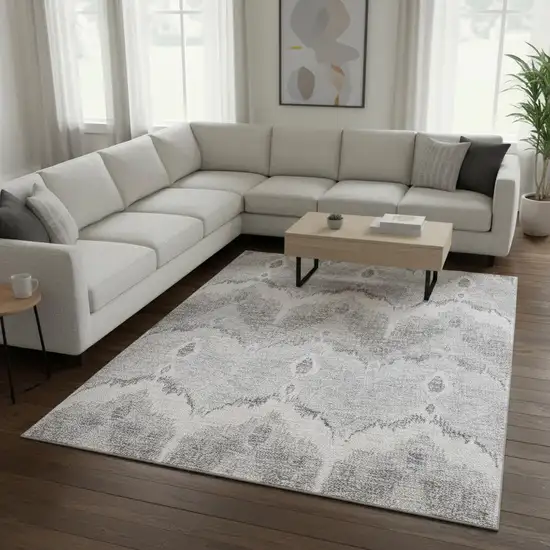 Silver And Gray Ikat Washable Area Rug With UV Protection Photo 2