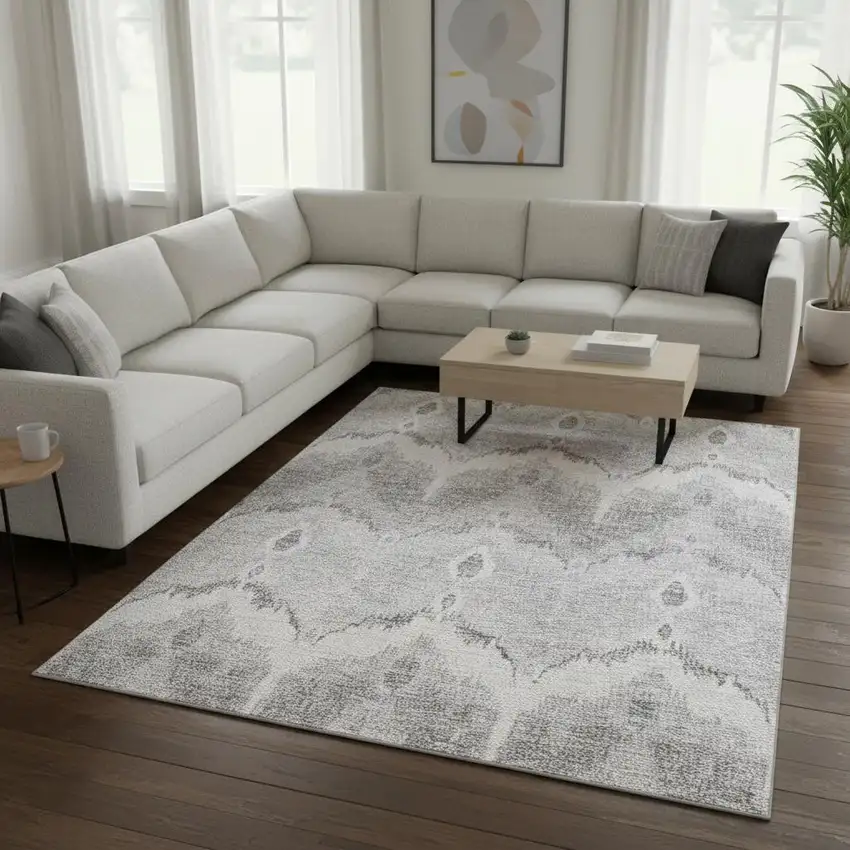 Silver And Gray Ikat Washable Area Rug With UV Protection Photo 2