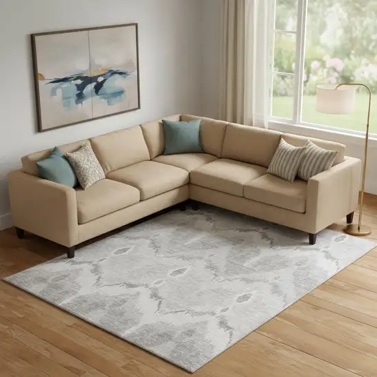 Silver And Gray Ikat Washable Area Rug With UV Protection Photo 1