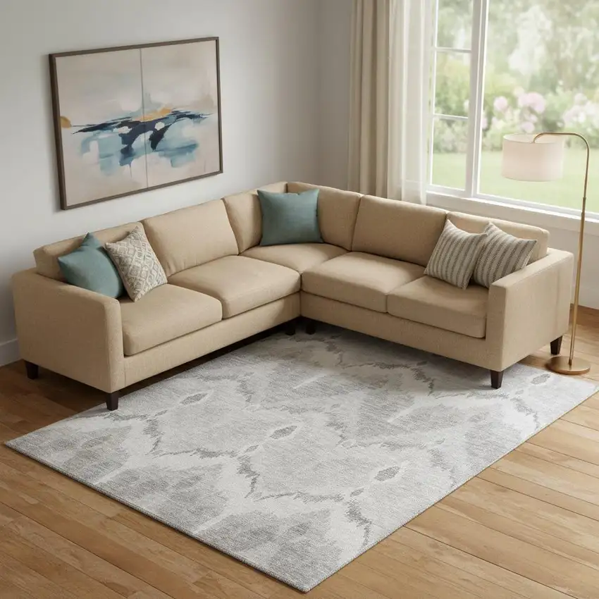 Silver And Gray Ikat Washable Area Rug With UV Protection Photo 1