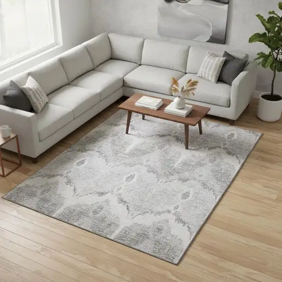 Silver And Gray Ikat Washable Area Rug With UV Protection Photo 2