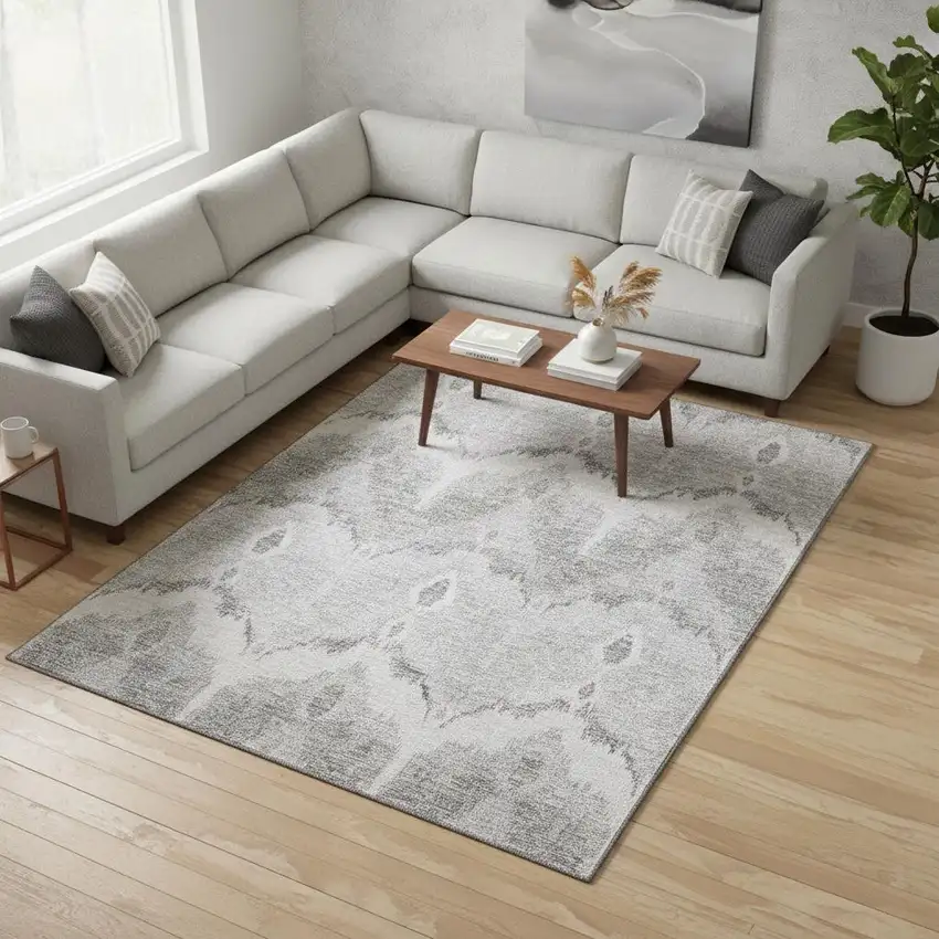 Silver And Gray Ikat Washable Area Rug With UV Protection Photo 2