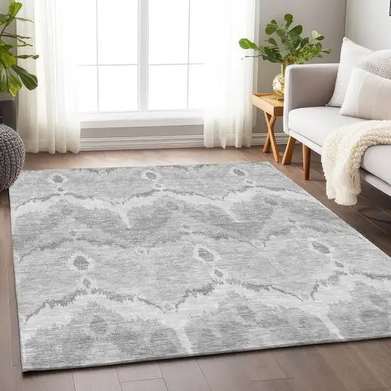 Silver And Gray Ikat Washable Area Rug With UV Protection Photo 5