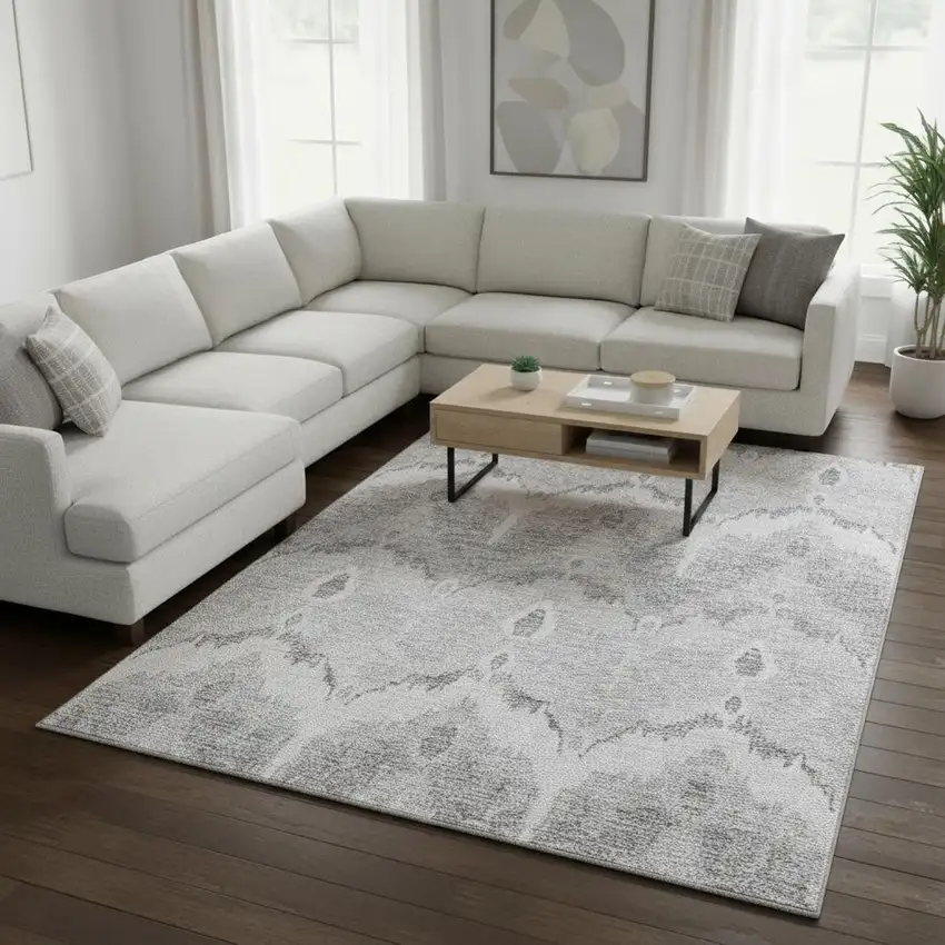 Silver And Gray Ikat Washable Area Rug With UV Protection Photo 2