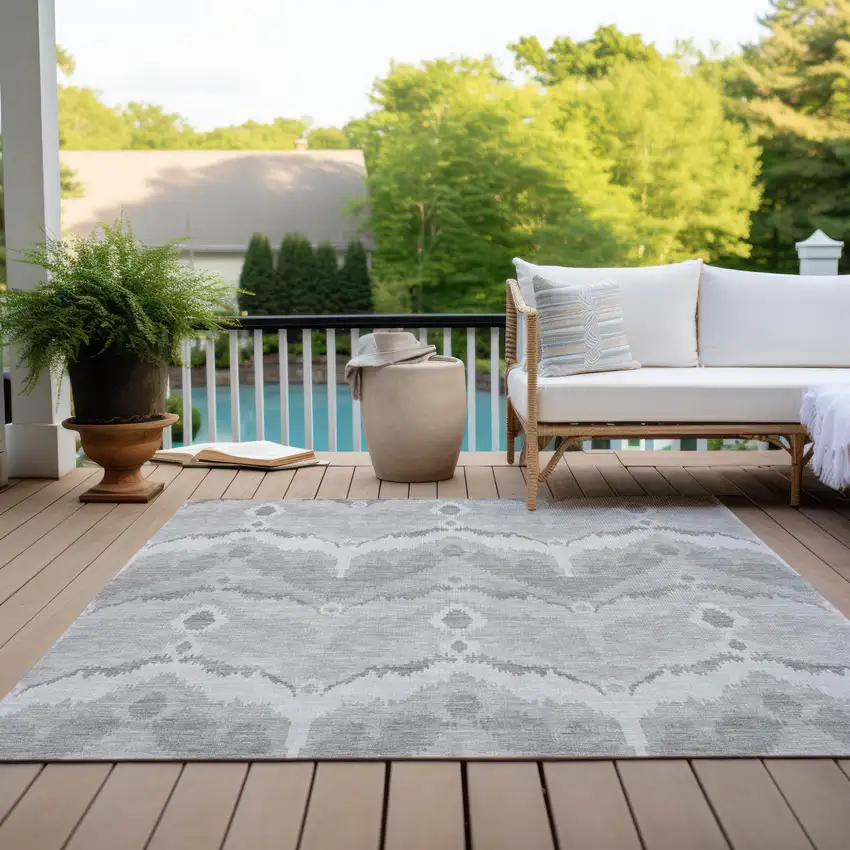 Silver And Gray Ikat Washable Indoor Outdoor Area Rug Photo 9