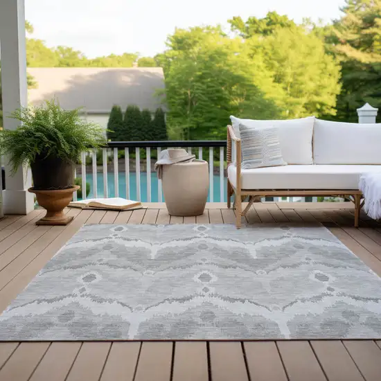 Silver And Gray Ikat Washable Indoor Outdoor Area Rug Photo 9