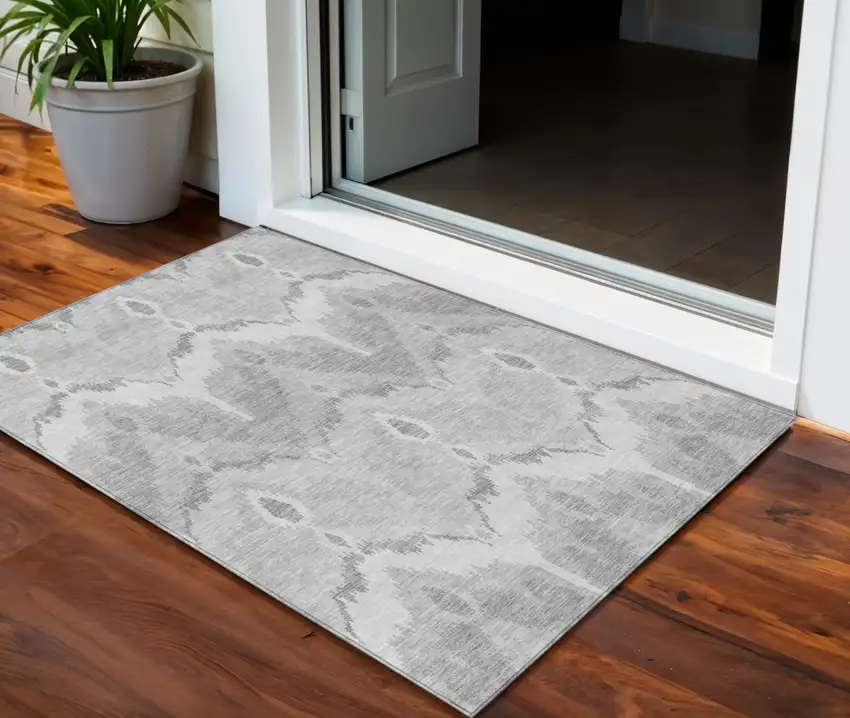 Silver And Gray Ikat Washable Indoor Outdoor Area Rug Photo 1