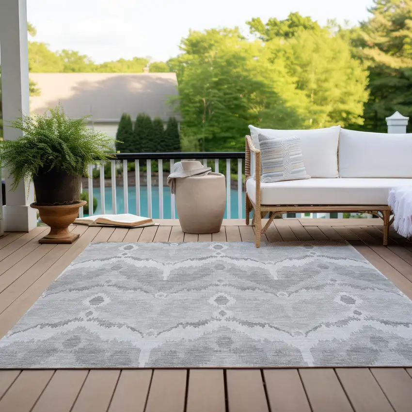 Silver And Gray Ikat Washable Indoor Outdoor Area Rug Photo 9