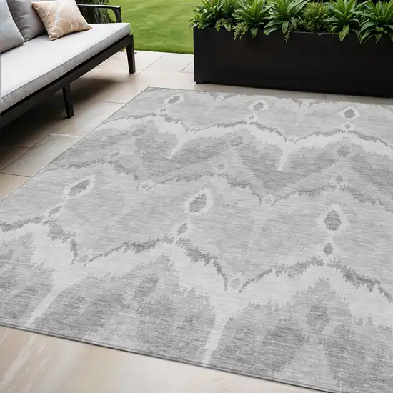 Silver And Gray Ikat Washable Indoor Outdoor Area Rug Photo 1