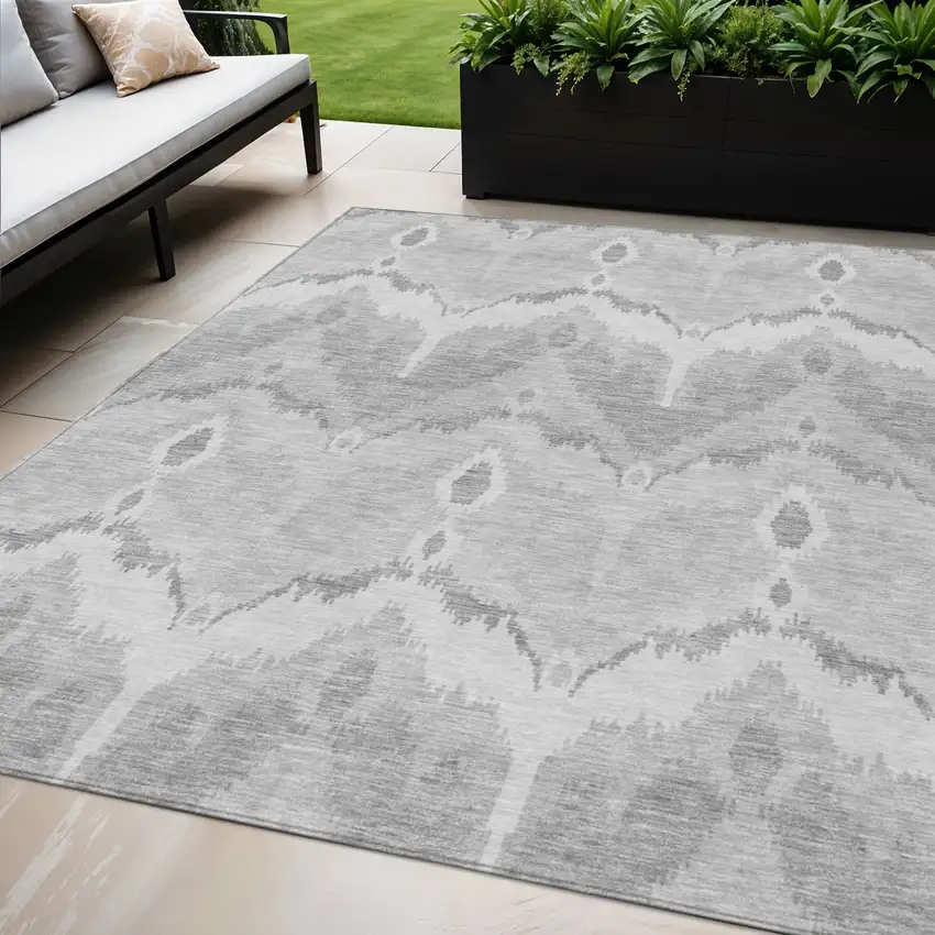 Silver And Gray Ikat Washable Indoor Outdoor Area Rug Photo 1