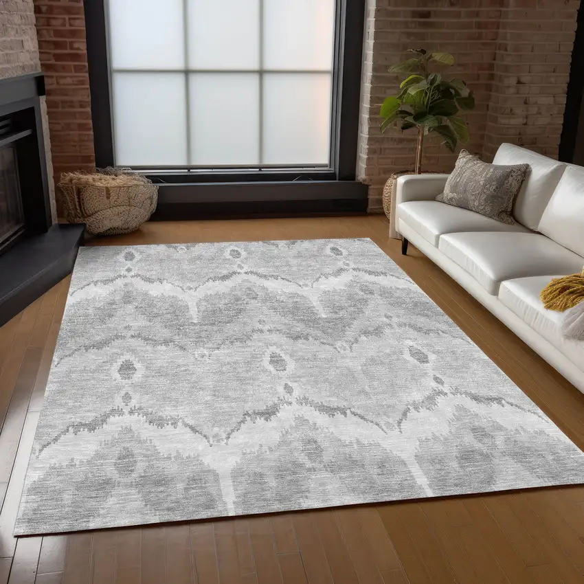 Silver And Gray Ikat Washable Indoor Outdoor Area Rug Photo 8
