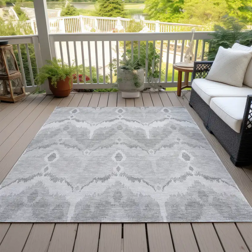 Silver And Gray Ikat Washable Indoor Outdoor Area Rug Photo 6