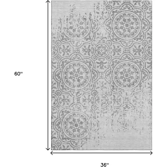 Silver And Gray Medallion Washable Area Rug With UV Protection Photo 3