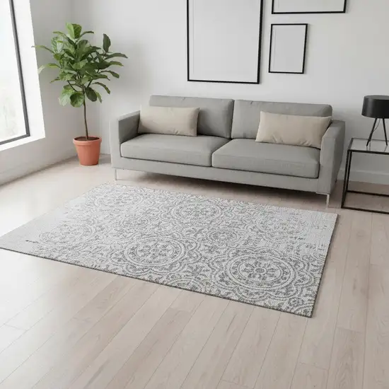 Silver And Gray Medallion Washable Area Rug With UV Protection Photo 2