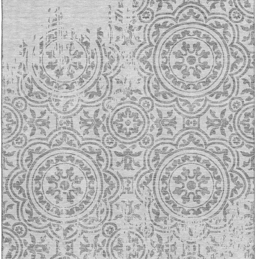 Silver And Gray Medallion Washable Area Rug With UV Protection Photo 4